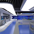 Modern Exhibition Hall Interior With Blue Flooring White Ceiling Display Screens And Counters