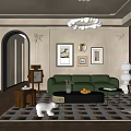 Stylish Living Dining Room Interior With Green Sofa Chandelier Geometric Rug And Framed Wall Art