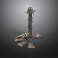 Detailed Sci Fi Mechanical Tower Structure With Scattered Metallic Modules And Platforms