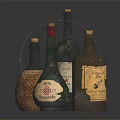 Vintage Glass Bottles With Different Shapes Labels On Dark Reflective Surface