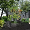 Traditional Chinese Garden Landscape With Colorful Trees Moon Gate Rock Formations And Stone Statue