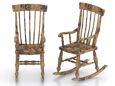 Vintage Wooden Chairs One Regular And One Rocking Chair With Distressed Wood Finish 3d model