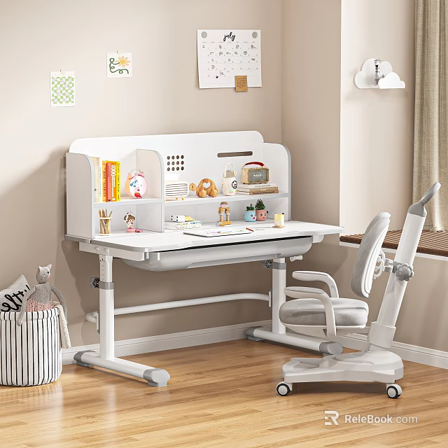 Study Room Interior With Adjustable White Desk Office Chair Stationery Books Wall Decor Storage Basket 3d model 