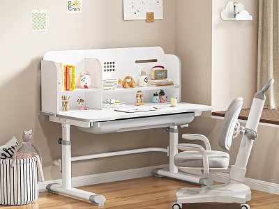 Study Room Interior With Adjustable White Desk Office Chair Stationery Books Wall Decor Storage Basket 3d model
