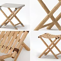 Two Folding Stools With Wooden Frame Gray Seat And Woven Seat Design