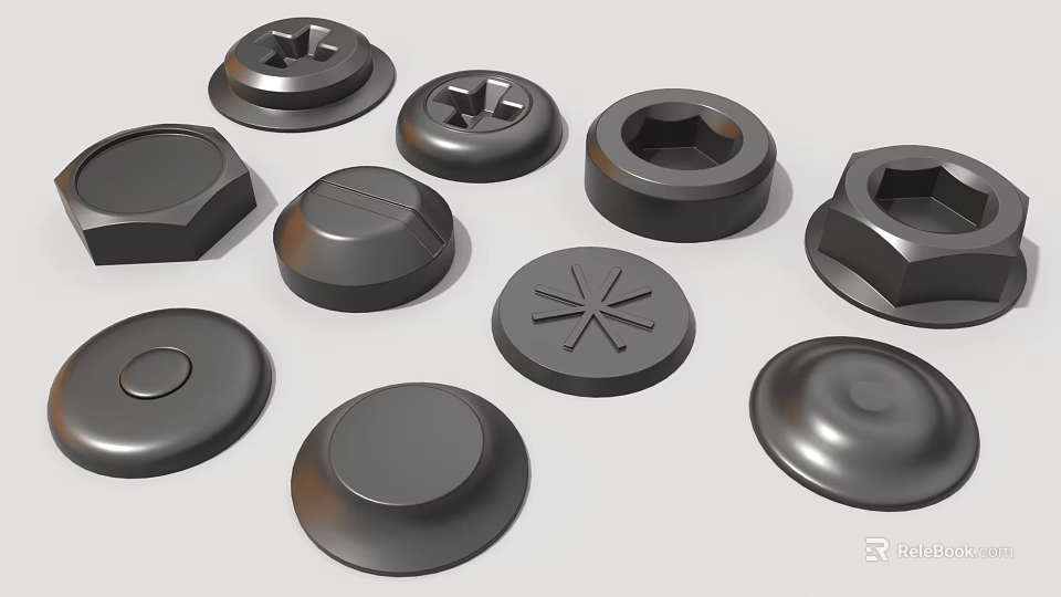 Various Black Metal Fasteners For Industrial Equipment Including Nuts And Bolt Heads 3d model 