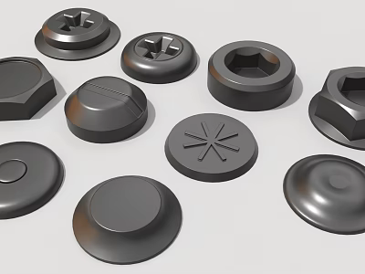 Various Black Metal Fasteners For Industrial Equipment Including Nuts And Bolt Heads 3d model