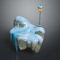 Street Lamp With Icicles On Snow Covered Rock In Winter Scene
