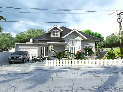 Detached House With Black Roof Light Exterior White Picket Fence Parked Car And Green Trees 3d model