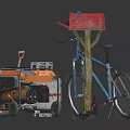Rusted Metal Can Blue Bicycle Orange Generator And Red Mailbox Setup 3d model