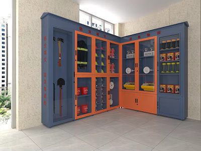 Fire Equipment Cabinet Blue And Orange With Tools Axe Hose Extinguisher Helmet Indoor Open Compartment 3d model