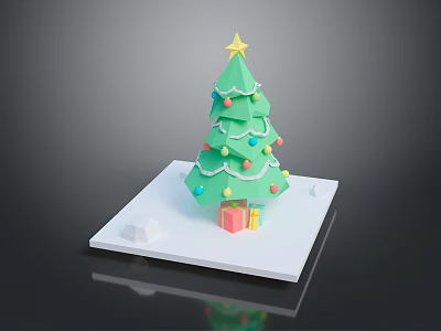 Decorated Green Christmas Tree With Yellow Star Colorful Ornaments And Gift Boxes On White Platform 3d model
