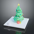 Decorated Green Christmas Tree With Yellow Star Colorful Ornaments And Gift Boxes On White Platform