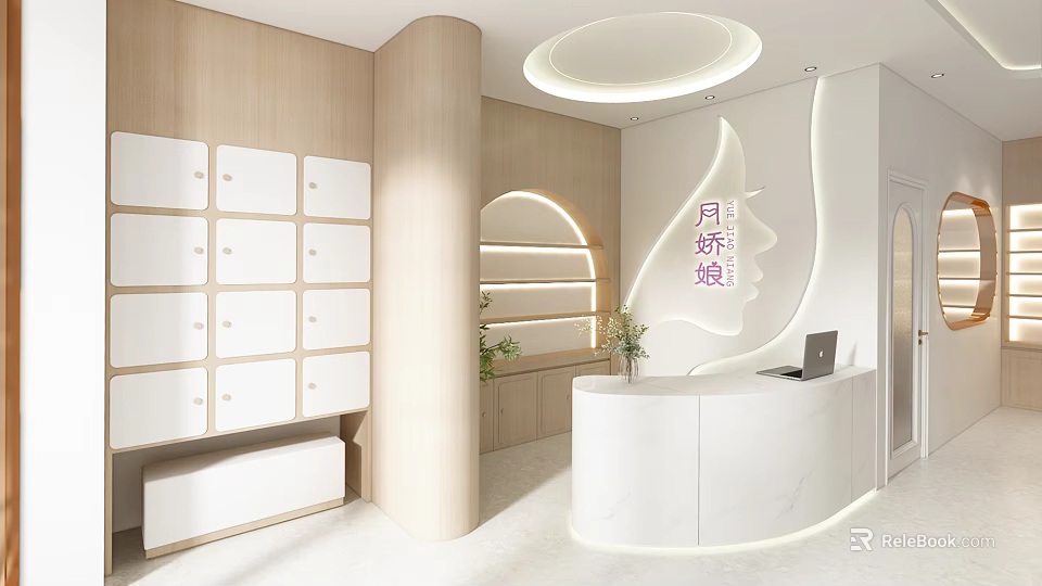 Yue Jiaoniang Reception Counter Area With White Cabinets Curved Column Circular Light And Green Plant 3d model 
