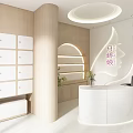 Yue Jiaoniang Reception Counter Area With White Cabinets Curved Column Circular Light And Green Plant
