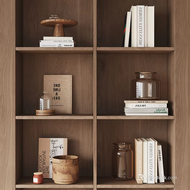 Decorative Ornaments Set On Wooden Shelf With Books And Glass Jars 3d model 