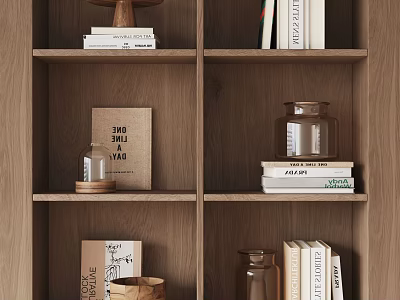 Decorative Ornaments Set On Wooden Shelf With Books And Glass Jars 3d model