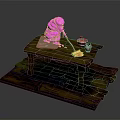 Wooden Table On Platform With Pink Object Cutting Board Knife Small Jars And Yellow Butter