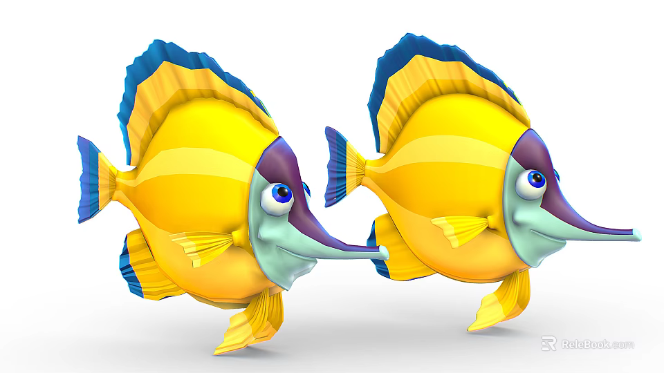 Colorful Yellow And Blue Cartoon Fish With Long Noses Big Eyes And Striped Fins 3d model 