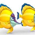 Colorful Yellow And Blue Cartoon Fish With Long Noses Big Eyes And Striped Fins