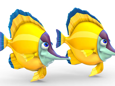 Colorful Yellow And Blue Cartoon Fish With Long Noses Big Eyes And Striped Fins 3d model