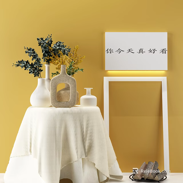 White Vases With Green Foliage And Yellow Flowers On White Cloth Table Against Yellow Wall 3d model 