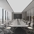 Modern Conference Room Interior With Long Table White Chairs Large Screen And Windows 3d model