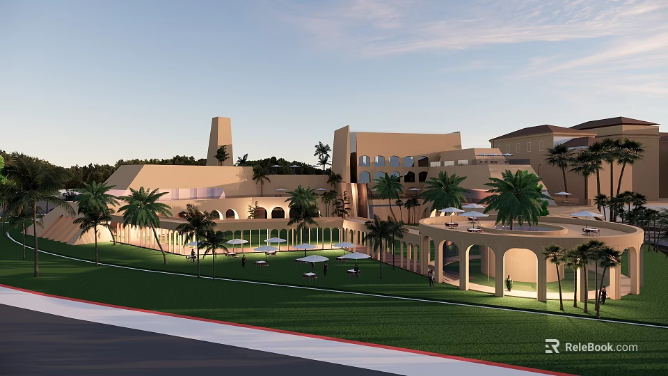 Modern Hotel Building With Palm Trees Lawn Tower And Arched Outdoor Structures 3d model 