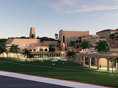 Modern Hotel Building With Palm Trees Lawn Tower And Arched Outdoor Structures 3d model