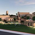 Modern Hotel Building With Palm Trees Lawn Tower And Arched Outdoor Structures