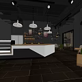 Modern Coffee Shop Interior With Wooden Tables Green White Chairs Hanging Lamps And Blackboard Menu