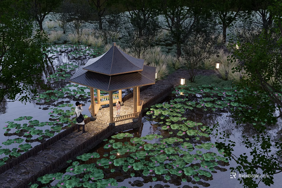 Scenic Lotus Pond Pavilion With Two People Stone Path Lakeside Lanterns And Surrounding Trees 3d model 