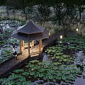 Scenic Lotus Pond Pavilion With Two People Stone Path Lakeside Lanterns And Surrounding Trees