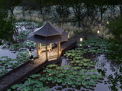 Scenic Lotus Pond Pavilion With Two People Stone Path Lakeside Lanterns And Surrounding Trees 3d model