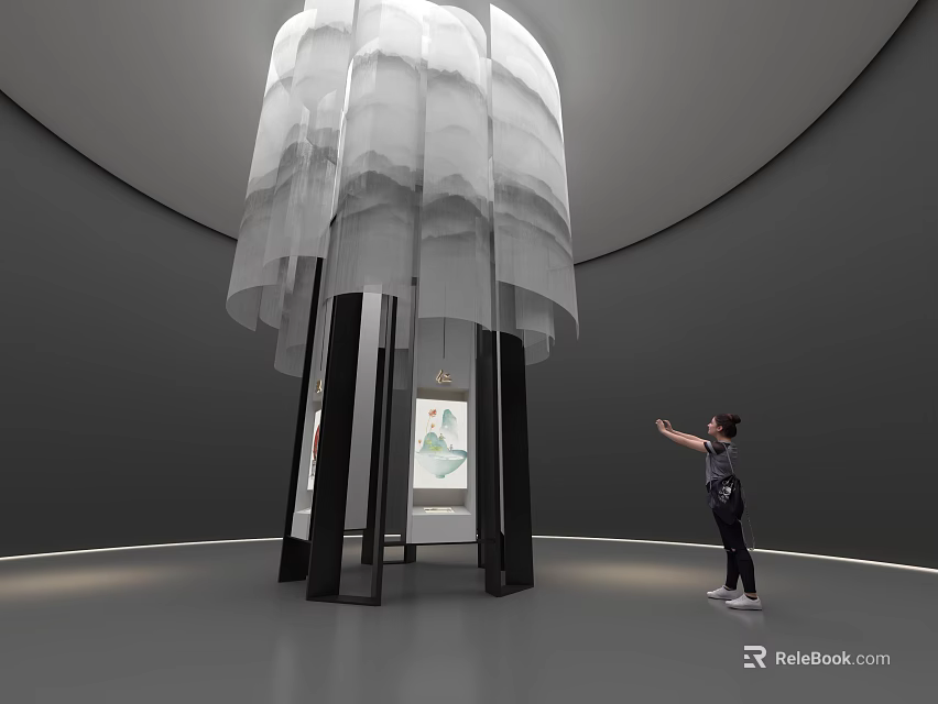 White Layered Art Installation With Black Pillars In Modern Gallery Space 3d model 
