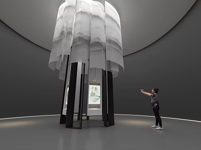White Layered Art Installation With Black Pillars In Modern Gallery Space 3d model