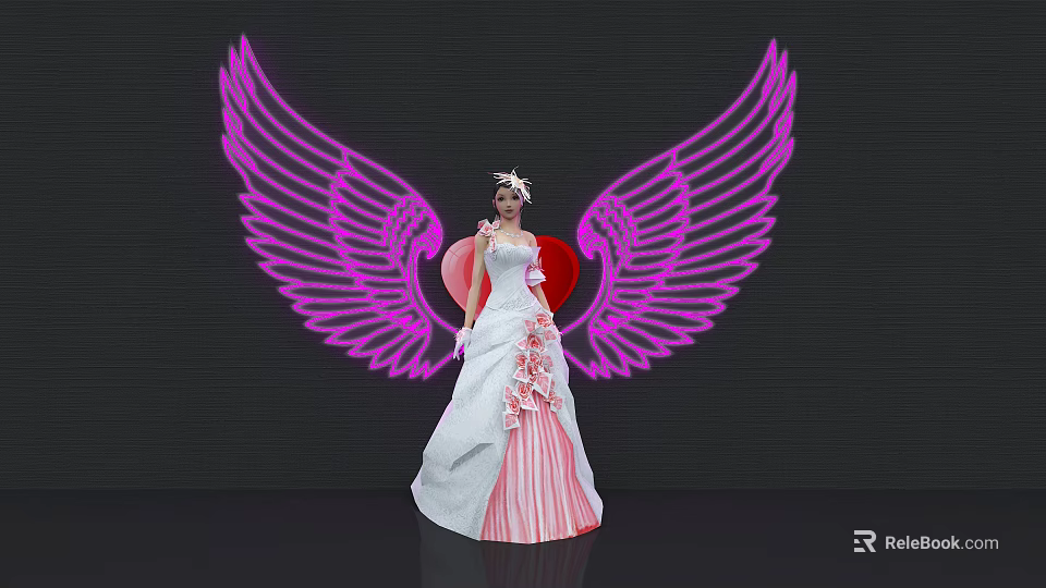 Woman in Pink Striped White Dress with Floral Headpiece and Glowing Wings on Black Backdrop 3d model 