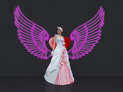 Woman in Pink Striped White Dress with Floral Headpiece and Glowing Wings on Black Backdrop 3d model