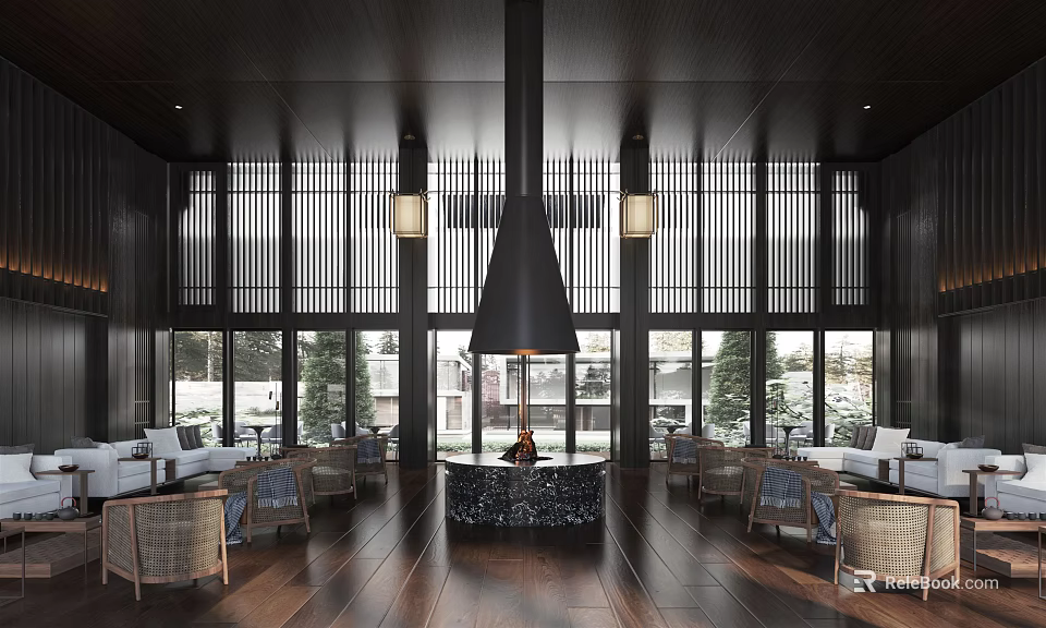 Hotel Public Lounge Area With Dark Wooden Decor Large Windows Comfortable Sofas And Warm Lighting 3d model 