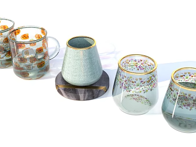 Elegant Kitchen Glassware Set with Gold Rim Light Green Decorative Design and Wooden Base 3d model
