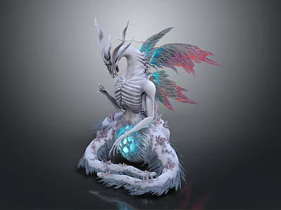 Mystical Skeleton Animal With Horns Blue Red Gradient Wings Feathered Body Holding Blue Glowing Orb 3d model
