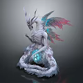 Mystical Skeleton Animal With Horns Blue Red Gradient Wings Feathered Body Holding Blue Glowing Orb
