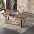 Contemporary Work Desk With Wooden Top Laptop Papers Lamp And Comfortable Chair On Rug