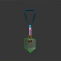 Shovel With Green Handle And Metal Blade On Dark Reflective Surface