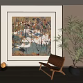 Interior Space With Abstract Painting Wooden Chair Potted Plant And Window