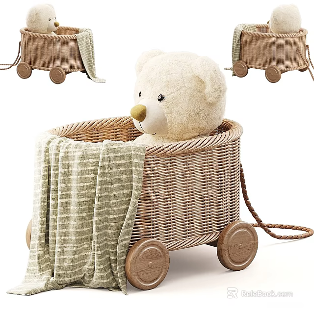 Cute Soft Teddy Bear in Wicker Toy Basket with Wheels and Striped Blanket 3d model 