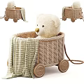 Cute Soft Teddy Bear in Wicker Toy Basket with Wheels and Striped Blanket