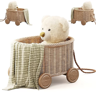 Cute Soft Teddy Bear in Wicker Toy Basket with Wheels and Striped Blanket 3d model