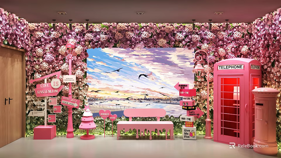 Pink Decorative Space With Flower Wall Telephone Booth Signs Bench And Painting 3d model 