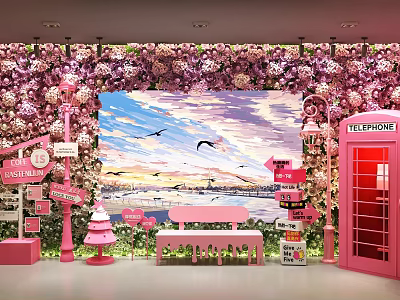 Pink Decorative Space With Flower Wall Telephone Booth Signs Bench And Painting 3d model